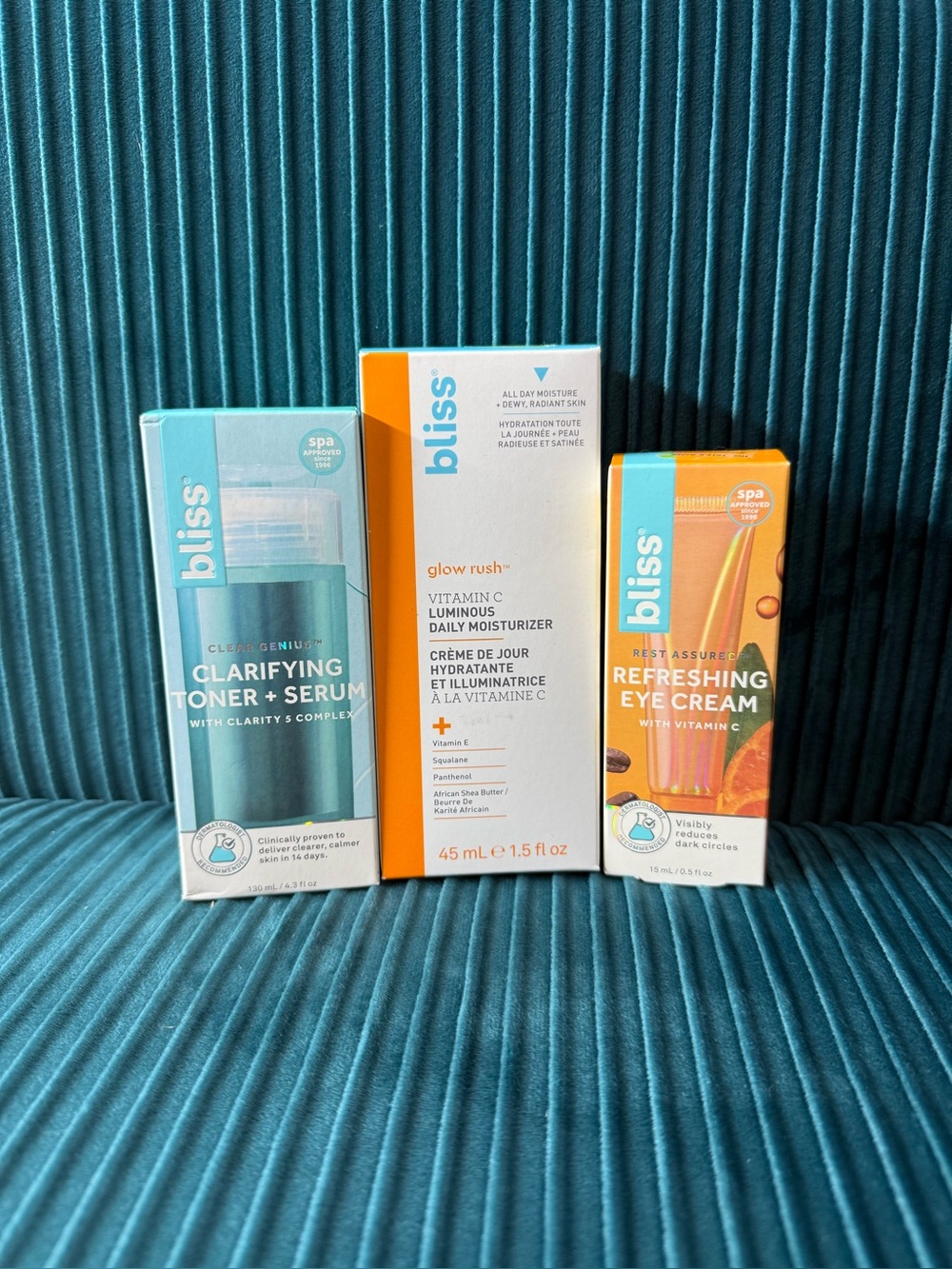 Bliss skin Care Beauty Products 3 piece bundle New in Box Serum Toner Moisture